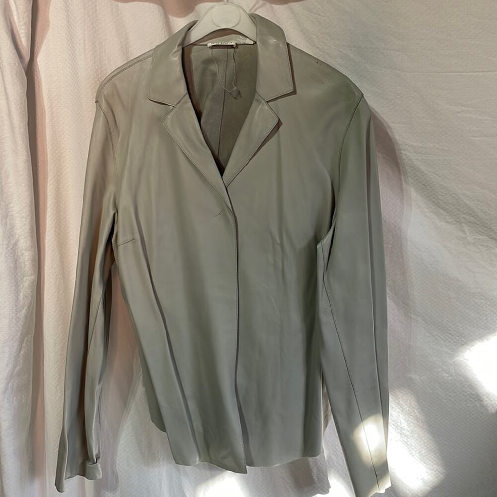 Tahari light grey L vintage one button leather jacket euc unlined